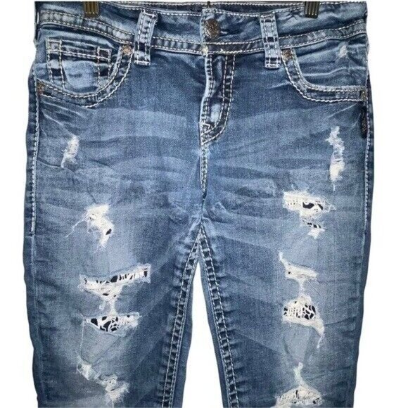 Silver Jeans Suki Mid Rise Works Distressed Denim Blue Jeans Women's Size 29 - Picture 2 of 7
